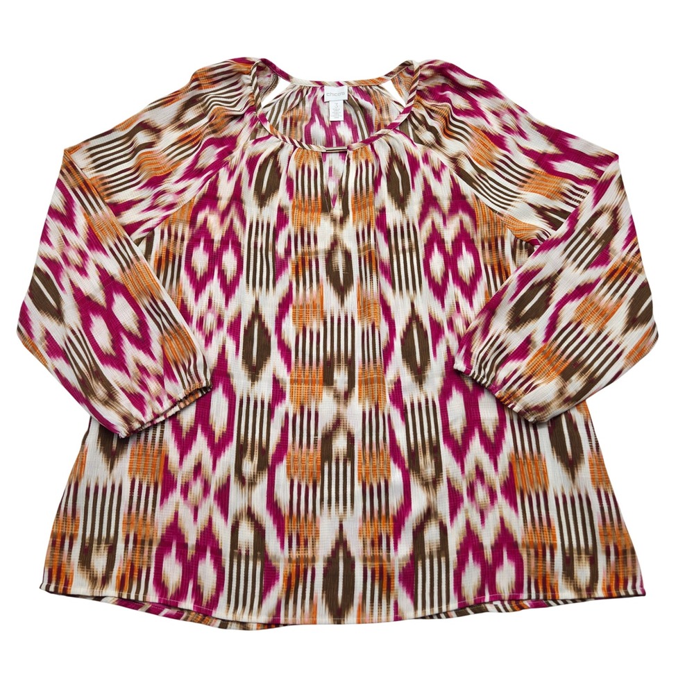 Chicos Womens Size 3 Pullover Tunic Blouse‎ Lightweight Pink Brown